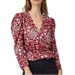 The Kooples Botanical-Print Puff-Sleeve Peplum Silk Top